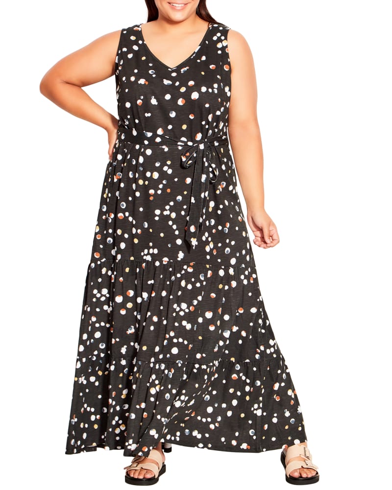 Front of a model wearing a size 14 Annie Maxi Dress in Black / White by avenue. | dia_product_style_image_id:201310